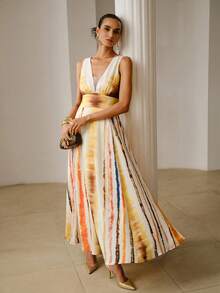 ZEYLAH Đầm nữ thanh lịch cổ chữ V không tay in họa tiết nhuộm tie-dye. - Màu vàng ngỗng - Xem 2
