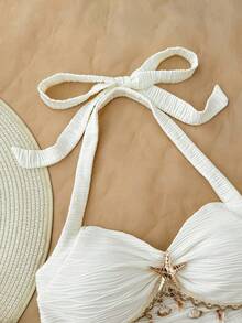 SHEIN 少女白色海星装饰吊带背心和短裤套装，度假海滩休闲装，针织纹理修身露脐背心，适合派对、约会、邮轮、假日、海滩、音乐节等场合，波西米亚风格 - 白色 - 查看 3