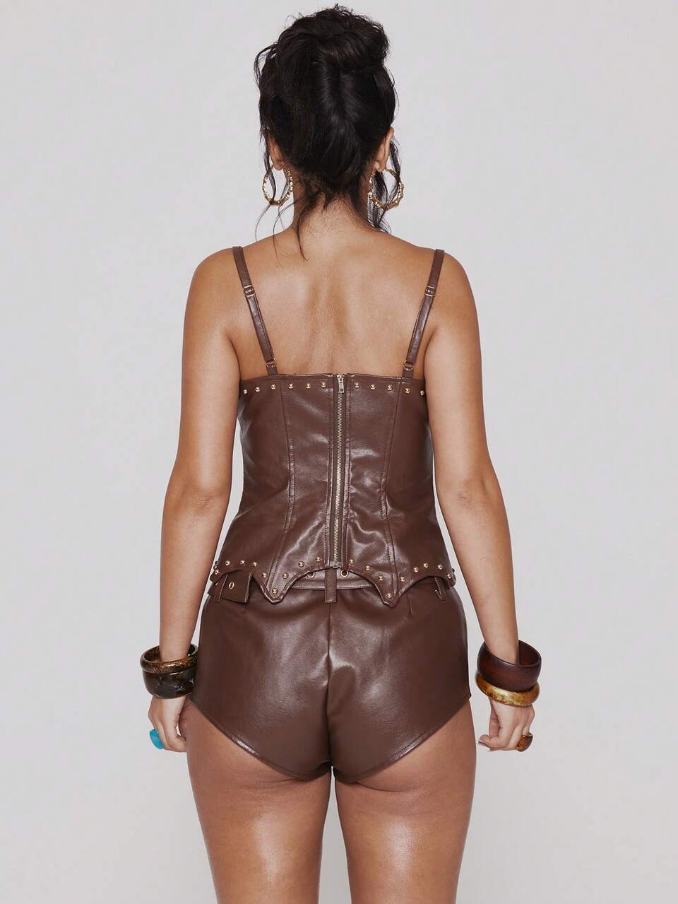 Faux Leather Buckle Front Studded Pointed Hem Fitted Corset Top Autumn Festival Sexy Ibiza Vacation Holiday Y2k Cowgirl Cowboy Club Night