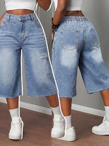 Slaydiva 大码牛仔裤 夏季嘉年华服装 通勤 度假 毕业 时尚 Y2K 可爱 街头风 派对 婚礼 优雅 商务 休闲 女士 商务 海滩 毕业 复活节 女士高腰破洞阔腿牛仔百慕大短裤 休闲毛边牛仔裤 宽松 Y2K 牛仔裤 蓝色牛仔七分裤 - 藍色 - 查看 7