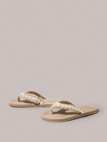 Styleloop 女士平底凉鞋 夏季露趾麻绳编织凉鞋 水钻闪亮波西米亚风度假鞋 罗马沙滩凉鞋 户外拖鞋 - 卡其花花 - 查看 2