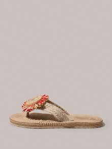 Styleloop Women's Flat Sandals Summer Open-Toed Hemp Rope Woven Sandals Rhinestone Shiny Bohemian Vacation Shoes Roman Beach Sandals Outside Slippers Vacation Outfits Travel Essentials Summer Shoes - Red sunflower - View 4