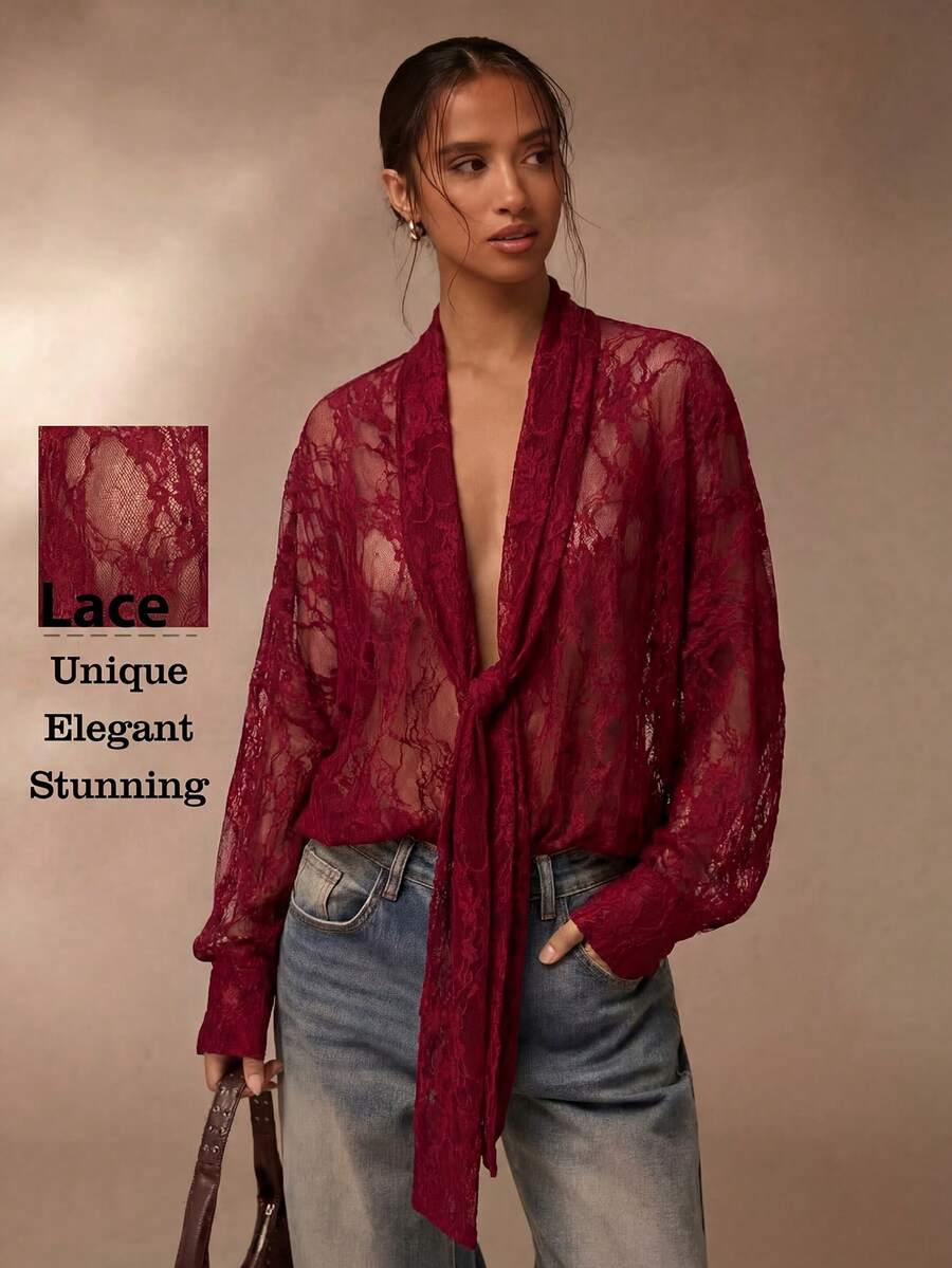 SHEIN Glamour Transparente Spitzenbluse, braune Spitzenbluse für Frauen - Rot - Übersicht 1