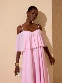 JIAN LASALA Chiffon Off-Shoulder Spaghetti Strap Backless Layered Bohemian Style Maxi Dress - Pink - View 7