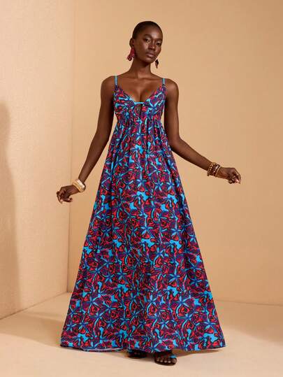 JIAN LASALA All-Over Floral Print Spaghetti Straps Sleeveless Women Maxi Dress