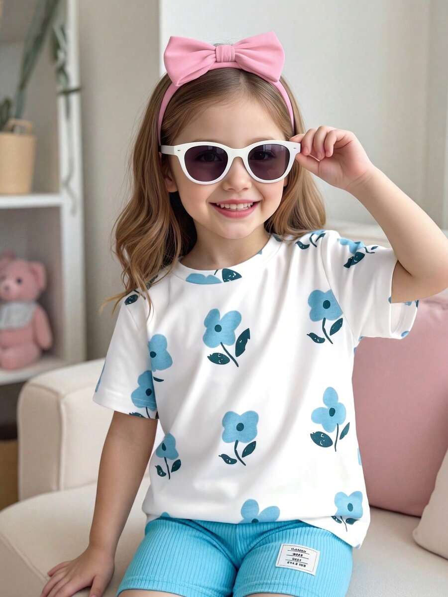 SHEIN Elladie kids 女童碎花圆领短袖简约T恤搭配罗纹修身舒适时尚休闲裤两件套,甜美可爱,夏季 - 藍色 - 查看 1