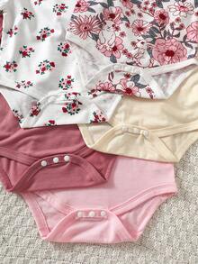 SHEIN 5件套新生儿男女通用可爱套装，短袖连体衣+裤子+帽子，夏季 - 粉色 - 查看 4