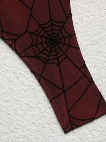 ROMWE Women's Dark Green,Summer,Goth,Party Spider Web One-Piece Swimsuit,Backless Cross Textured Fabric Elegant Beach Vacation Style Monokini - Burgundy - View 6