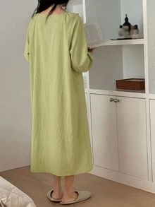 DAZY 度假風女款寬鬆長版睡袍，百褶領綁帶設計睡衣 - 薄荷綠 - 查看 2