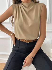 Editum Women's Elegant Casual Khaki Satin Ruffle Trim Shiny Button Decor Blouse, Suitable For Office Work, Commute, Business, Date, Can Be Worn As Undershirt Or Outerwear, Versatile For Daily Wear Zoey Outfit Ytk Clothes Yk2k Tops Yoga Top Yk Outfits Draped Neckline Top Sleeveless Top Business Casual Women Tops Blouse Office Top Mock Neck Top Draped Top Blouse For Women Elegant Classy Outfit Ideas For Women Smart Casual Outfits For Ladies Modern Tops For Women Summer - Apricot - View 1
