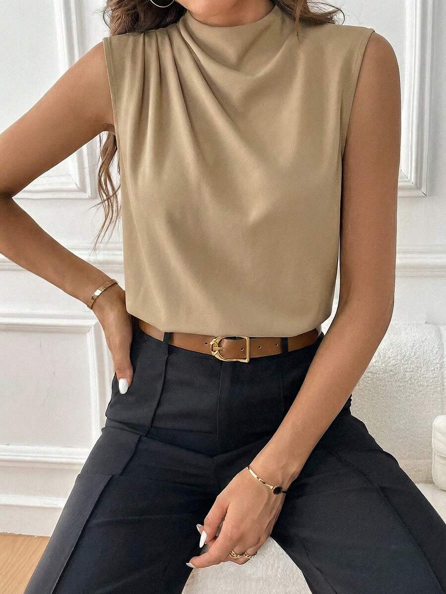 Editum Women's Elegant Casual Khaki Satin Ruffle Trim Shiny Button Decor Blouse, Suitable For Office Work, Commute, Business, Date, Can Be Worn As Undershirt Or Outerwear, Versatile For Daily Wear Zoey Outfit Ytk Clothes Yk2k Tops Yoga Top Yk Outfits Draped Neckline Top Sleeveless Top Business Casual Women Tops Blouse Office Top Mock Neck Top Draped Top Blouse For Women Elegant Classy Outfit Ideas For Women Smart Casual Outfits For Ladies Modern Tops For Women Summer - Apricot - View 1