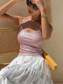 Livesso Damen Sommer Spitzen-Patchwork Schleife Dekoration Slim Fit Camisole, Lässig Sexy Weste Crop Top - Pink - Übersicht 2