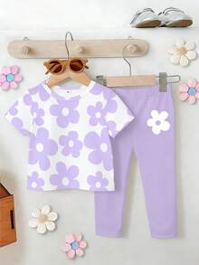 Set de 2 piezas para niña, blusa con cuello redondo y manga corta con estampado floral lindo, combinada con pantalones de leggings morados, adecuado para usar en primavera/verano al aire libre con estilo campestre fresco - Multicolor - Ver 3