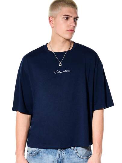 SUMWON Navy Script Logo T-Shirt Short Sleeve Crew Neck Regular Fit Casual Streetwear Summer Everyday Essential Boston Tee