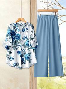 EMERY ROSE Plus Size Floral Print Shirt And Pants 2 Pieces Set Fall - Blue - View 3