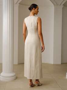 ZEYLAH Đầm linen không tay thanh lịch, thắt eo, thích hợp mặc đi làm hoặc mùa hè. - Màu be - Xem 3