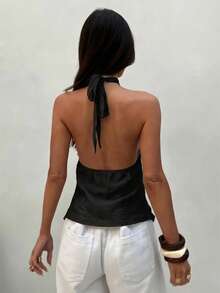 Aloruh Women's Sexy Solid Color Backless Halter Top, Summer Fall Fall For Women All S Women Fall S For Women Fall S Autumn Women's Fall Shoulder Top Beige Halter Neck Top With Metal Decorative Buckle New Year's Eve,Summer Top - Black - View 8