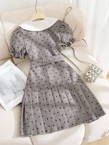 SHEIN Elladie kids 女童夏季新款白色翻领连衣裙，灰色波点印花前片，收腰设计，休闲简约时尚连衣裙 - 灰色 - 查看 2