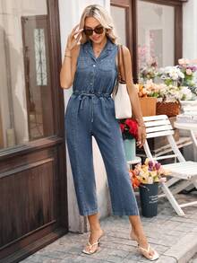 EMERY ROSE Women's Summer Casual Drawstring Waist Sleeveless Denim Jumpsuit - Dark Wash - View 5