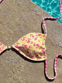 Swim Mod Women's Fashionable & Cute Beach Outfit, Gingham & Ditsy Floral Pearl Halter Neck Triangle Bikini Top For Resort, Pool Party - Multicolor - View 5