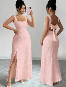 Elenzga New Sleeveless Square Neck Textured Knit Dress With Open Back Bow Tie Design, Elegant Fitted Party Dress - Dusty Pink - View 3
