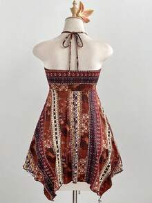 Sunspun Gaun Musim Panas Ukuran Besar, Gaun Mini Liburan Pantai Tanpa Tali dengan Motif Retro Warna-warni dan Hem Asimetris - MultiWarna - View 2