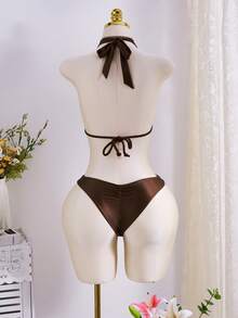 Swim Chiccia Women Brown Plain Straps Bikini Set With Lace Up Details Short Length - Brown - View 6
