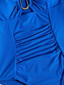 SHEIN Maiô de uma peça com decote em U e detalhes metálicos, cor sólida, ideal para meninas pré-adolescentes, perfeito para férias de verão na praia e para nadar. - Azul - Ver 3