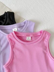 SHEIN 3件套女童夏季柔软连衣裙，洋红色、紫色、黑色，休闲度假日常百搭，柔软针织面料，舒适合身 - 彩色 - 查看 3