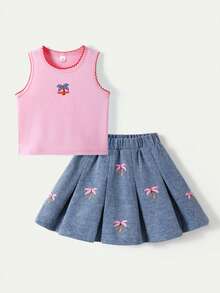 SHEIN Casuvi Kids 2件組少女可愛圓領針織櫻桃刺繡無袖上衣與牛仔百褶刺繡牛仔裙，甜美可愛夏季套裝 - 淺藍色 - 查看 3