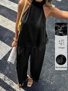 Siren Gaze 女士蕾丝拼接不对称下摆露肩背心和裤子两件套 - 黑色 - 查看 6