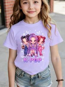 Girls' Casual Cute Cartoon Virtual Idol, Ice Cream, Butterfly, Star, Heart Graphic Tee, Comfortable Daily Wear, Suitable For Spring, Summer, Autumn - Purple - View 7