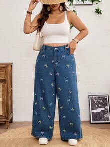 SHEIN CURVE+ Plus Size Women Bow Decor Pocket Wide Leg Loose Casual Jeans Summer Outfits For Women Festival Outfits For Women Mothers Day Outfit Holiday Outfits For Women Casual Jeans For Women Work Outfits For Women - Dark Wash - View 4