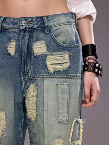 ROMWE Avant Quần jeans lửng nữ cạp thấp, siêu rộng, rách rưới, phối nhiều mảnh vải. - Màu xanh lam - Xem 3