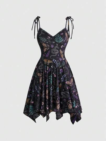 ROMWE Women's Spaghetti Strap Tie-Up Goth Floral & Snake Skin Print Asymmetric Hem Mini Dress