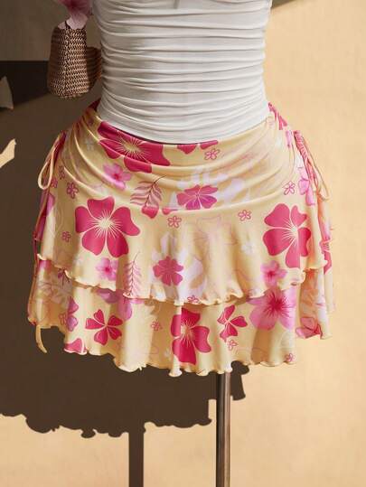SHEIN ICON Plus Size Women's Spring/Summer Retro Sexy Fashion Millennial Style Y2K Simple Casual Beach Vacation Floral Pattern Yellow Midi Skirt With Side Ruffles And Drawstring