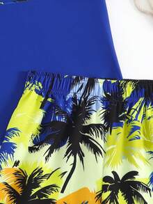 SHEIN Tween Boys Swimwear Set, Coconut Tree Print Short Sleeve Rash Guard Top Paired With Beach Shorts, Casual Sports Swimsuit For Summer - Multicolor - View 4