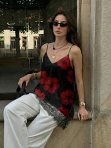 Aloruh 女士优雅性感复古印花撞色蕾丝吊带背心，适合外出、街头风、派对、婚礼、时尚、通勤、度假等场合。 - 白色 - 查看 9