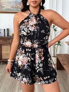Weeklong Bộ áo liền quần mùa hè dành cho nữ cỡ lớn, chất liệu chiffon, xếp ly, in hoa màu đen, kiểu cổ yếm buộc nơ, thích hợp cho kỳ nghỉ, dạo chơi và các hoạt động về đêm. - Nhiều màu - Xem 6