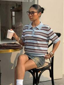 Muchica Áo thun nữ tay ngắn cổ polo kẻ sọc, kiểu dáng thường ngày, trang phục nghỉ xuân, áo kiểu nữ mặc ngoài, áo kiểu preppy dễ thương, áo tay ngắn đáng yêu, áo kẻ sọc, áo sơ mi kẻ sọc - Nhiều màu - Xem 4