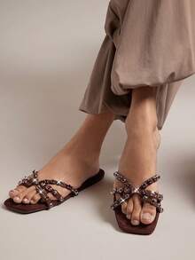 SHEIN Haute Women's Glass Rhinestone Casual Fashion Round Toe Flat Sandals With Straps Mother's Day Present For Christmas Valentine's Day - Chocolate Brown - View 2