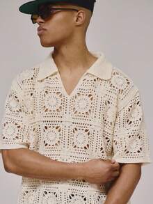 Musero Oversized Short Sleeve Dropped Shoulder Collared Buttonless Polo Style Shirt Design Pattern Detailing Spring Summer Essentials Holiday Beach - Apricot - View 2