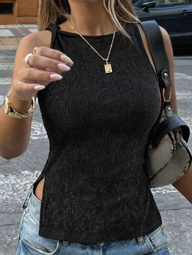 Women's Solid Color Round Neck Side Slit Hem Casual Tank Top