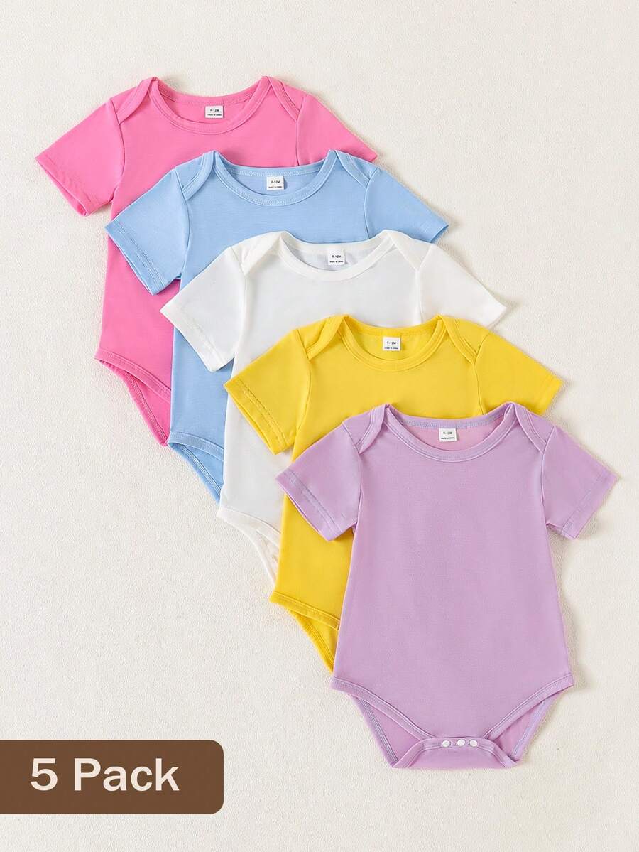SHEIN 5pcs/Set Baby Girls' Soft & Comfortable Crew Neck Solid Color Romper, Fashionable Casual Daily Wear, Easy On/Off, Suitable For Spring/Summer - Multicolor - View 1
