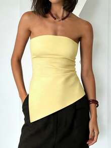 女士优雅纯色不对称下摆抹胸上衣，夏季 - 黃色 - 查看 4