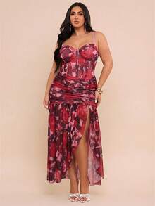 SHEIN BAE Plus Size Women's Green Spaghetti Strap Dress With Slit And Ruched Details, Elegant For Early Autumn - Multicolor - View 2