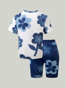 SHEIN Explorewe 2pcs/Set Tween Girls Floral Print Loose Short Sleeve T-Shirt And Skinny Shorts Set, Summer Outfit - Multicolor - View 2