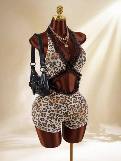 Amplova Women's Leopard Print Vintage Sexy Sheer Low-Cut Jumpsuit With Ruffle Hem, Suitable For Spring/Summer Vacation Boho Chic Daring Style, Brown Leopard Print Jumpsuit
