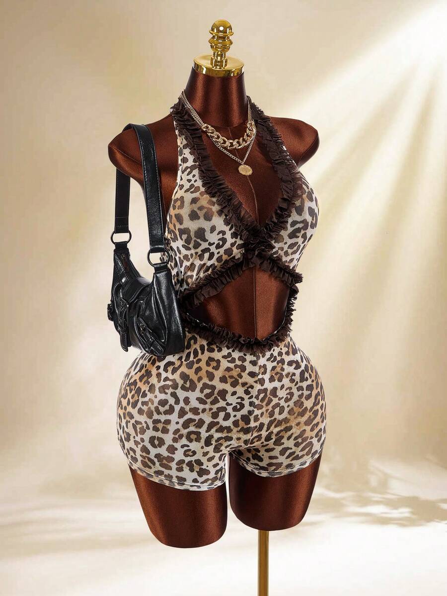 Amplova Women's Leopard Print Vintage Sexy Sheer Low-Cut Jumpsuit With Ruffle Hem, Suitable For Spring/Summer Vacation Boho Chic Daring Style, Brown Leopard Print Jumpsuit - Brown - View 1