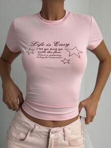 DAZY Women's Letter Print Slim Fit Casual Street Style T-Shirt, Suitable For Spring And Summer Graphic Tees Women - Pink - View 4